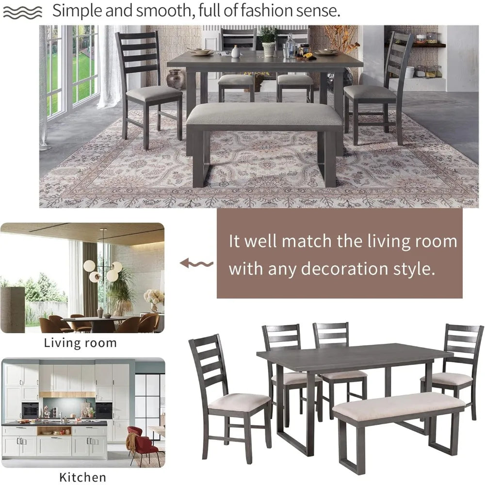 MKDK 6 Piece Dining Table Set Gray Upholstered Table With 4 Chairs And Bench - Happy Home Retreat