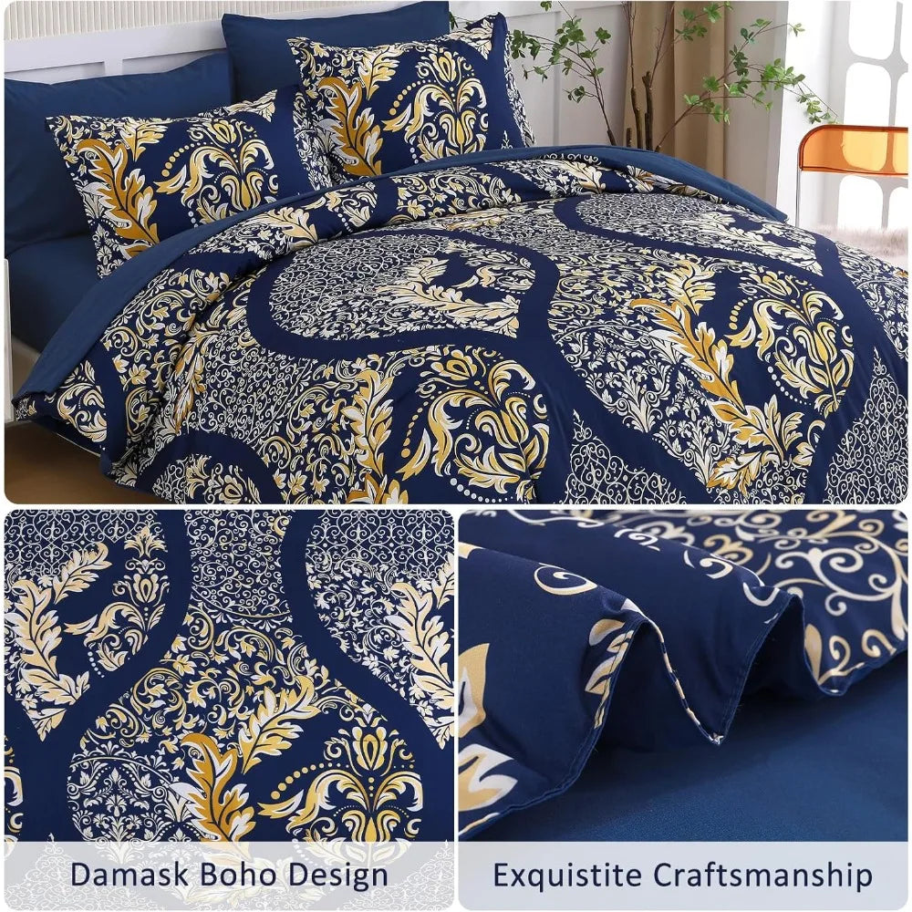 California King Comforter Set 7 Pieces Navy Blue Gold Bohemian Damask Microfiber - Happy Home Retreat