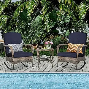 3 Piece Patio Furniture Set Outdoor Rocking Chairs Set of 2 Patio Conversation Set with Rattan Coffee Table - Happy Home Retreat