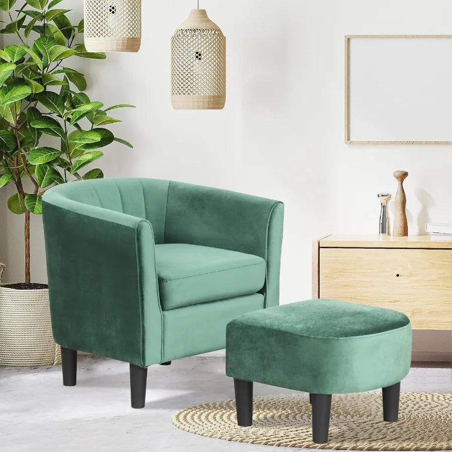 Modern Accent Chair With Ottoman In Teddy Velvet Barrel Design And Curved Back