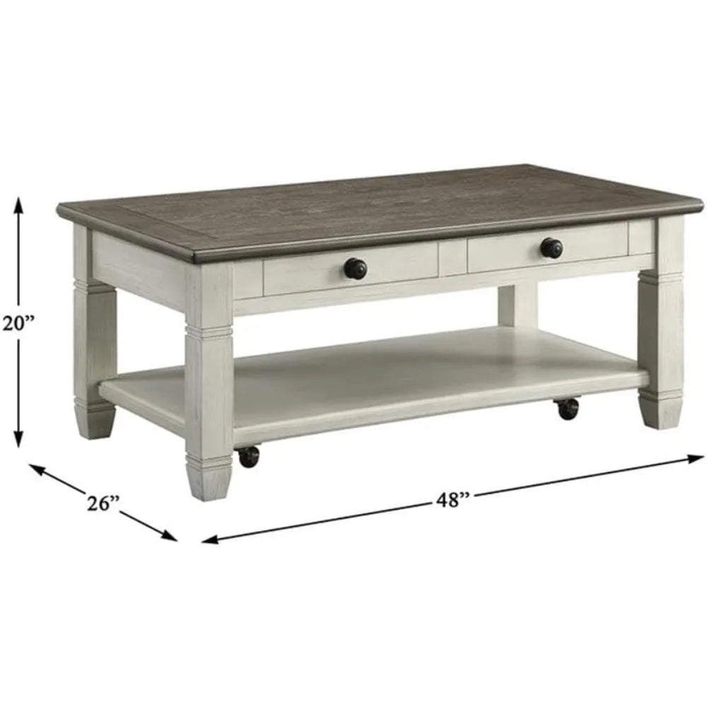 Granby Wood 2 Drawer Coffee Table in Antique White with Rosy Brown Finish - Happy Home Retreat
