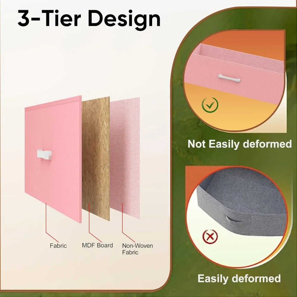 Pink Bedroom Dresser with LED Lights and Charging Station, 8 Fabric Drawers - Happy Home Retreat