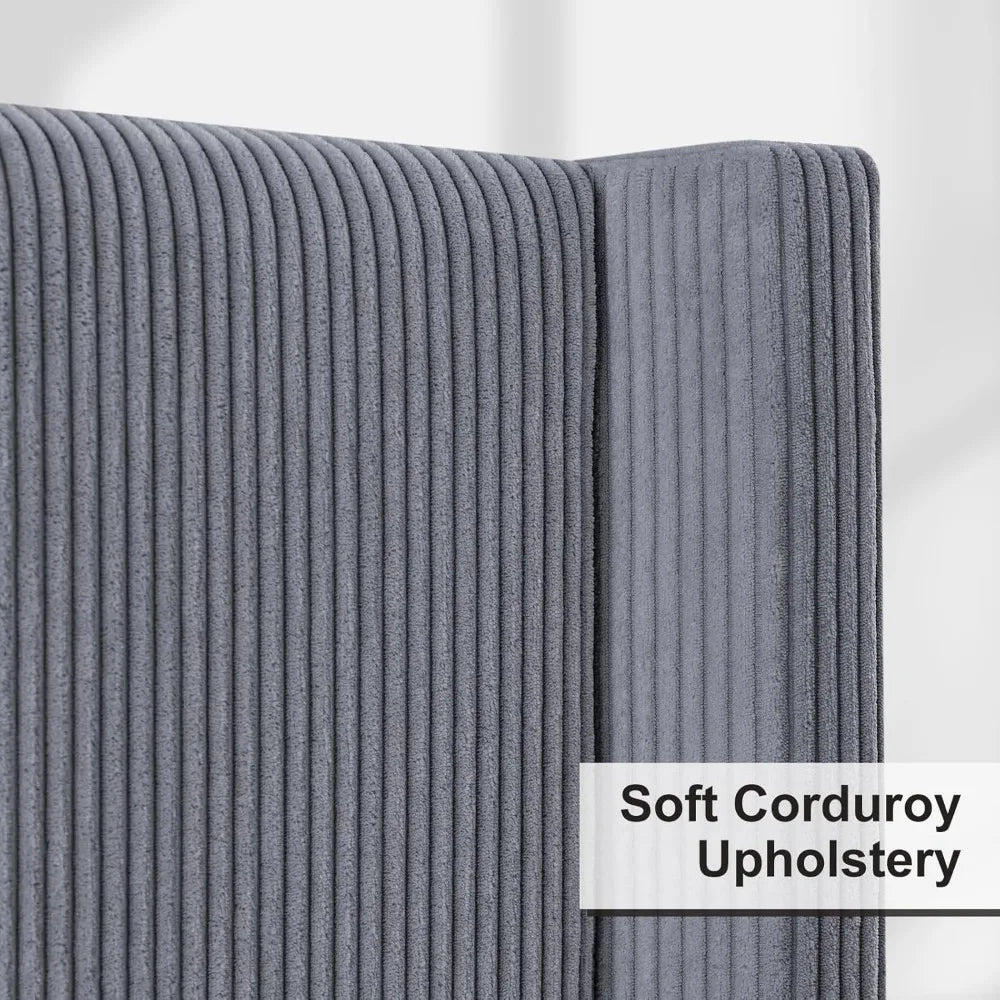 Howe Queen Size 61 Inch Corduroy Upholstered Bed Frame Platform Bed with Vertical Stripe Wingback Headboard No Box Spring Needed - Happy Home Retreat