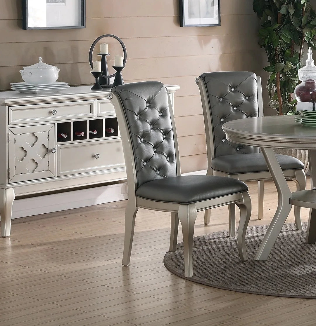 Round Silver Dining Table Set 5 Piece With Shelf And Tufted Back Chairs - Happy Home Retreat