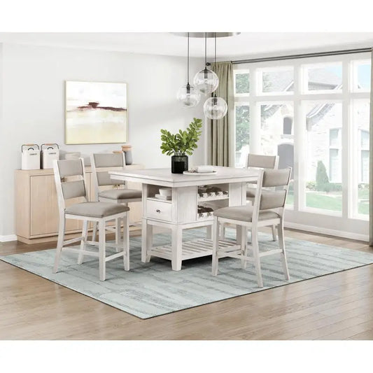 5-Piece Counter Height Dining Set With Antique White Table And Storage Drawers - Happy Home Retreat