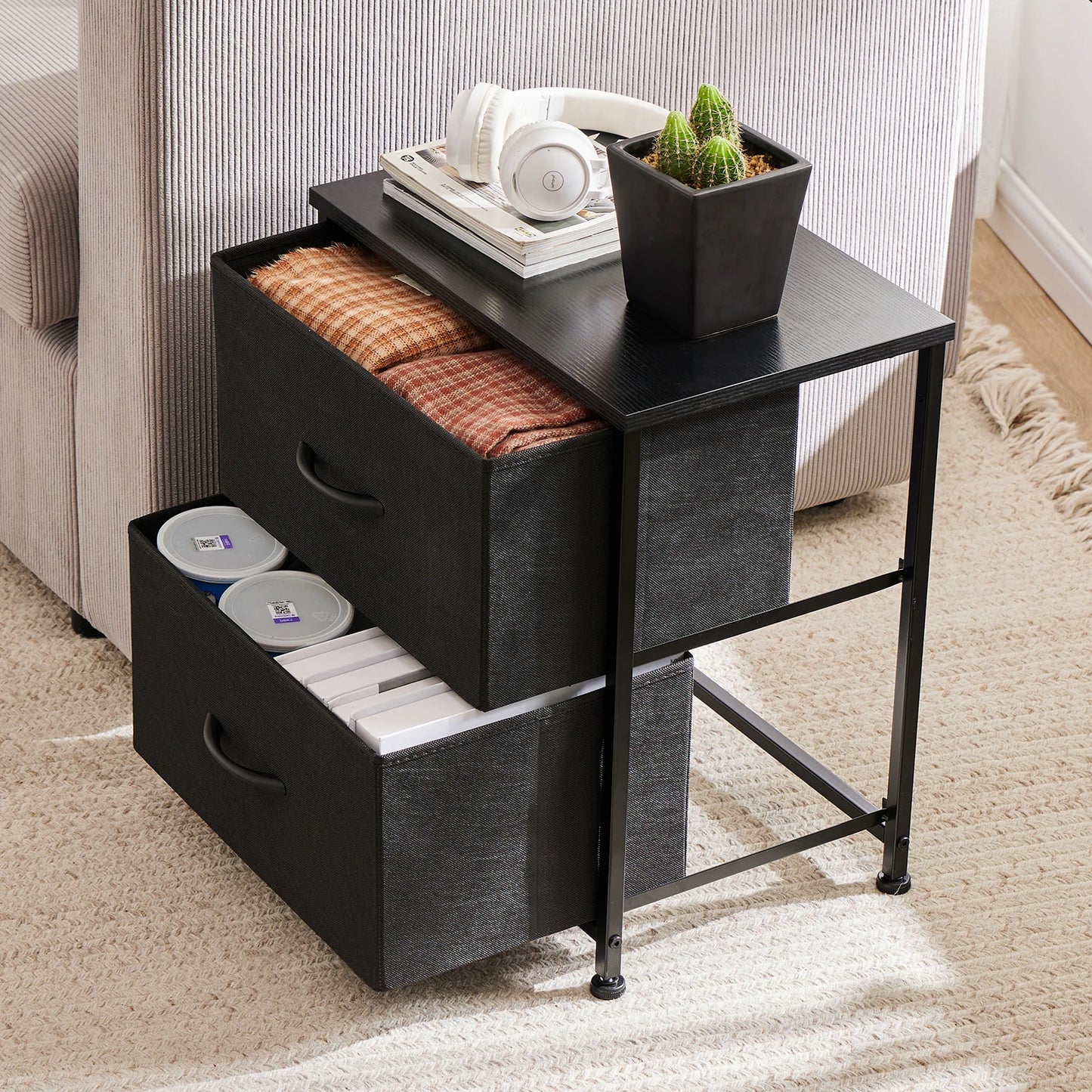 JHK Nightstand Bedside Table With Two Fabric Drawers For Bedroom Storage - Happy Home Retreat