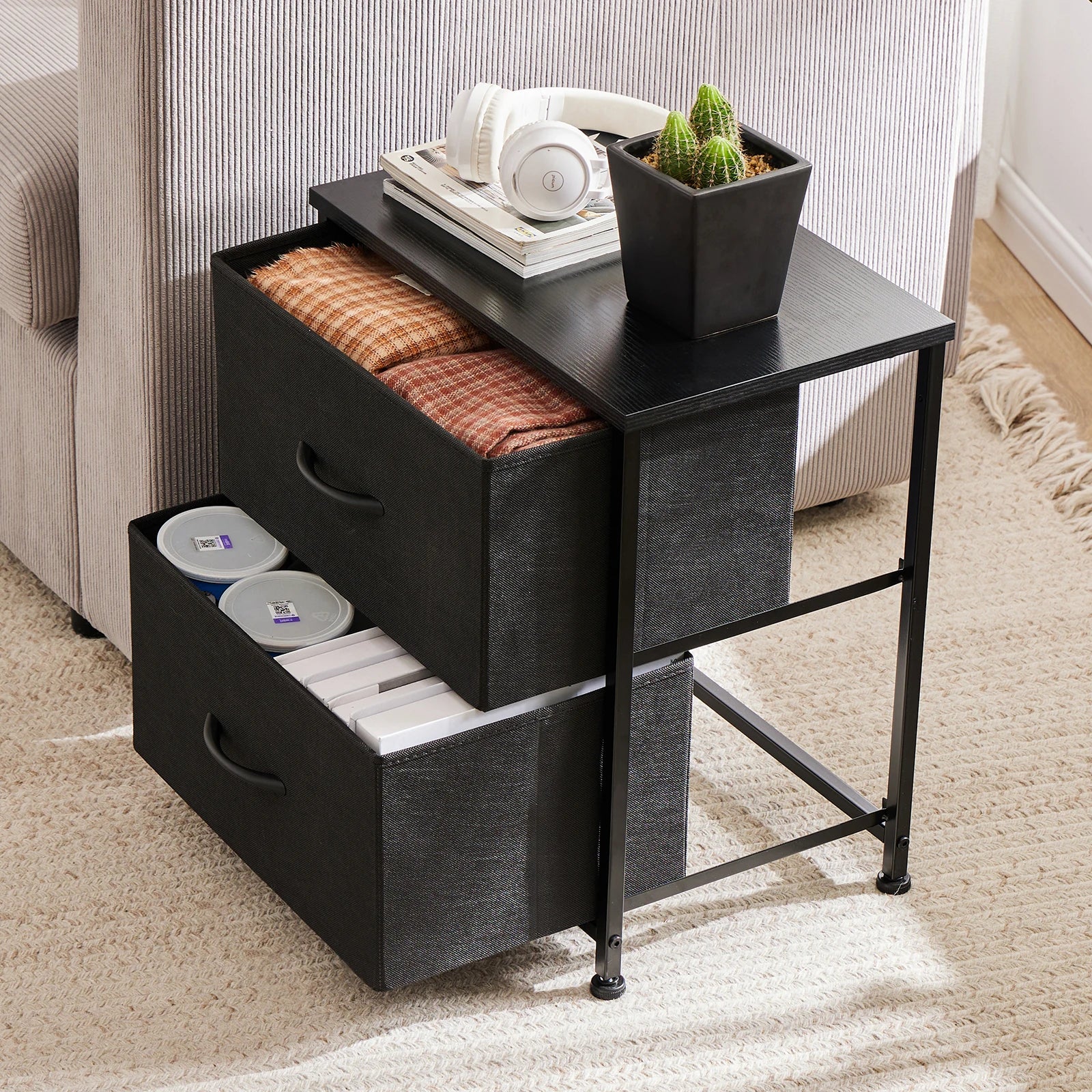 JHK Nightstand Bedside Table With Two Fabric Drawers For Bedroom Storage - Happy Home Retreat