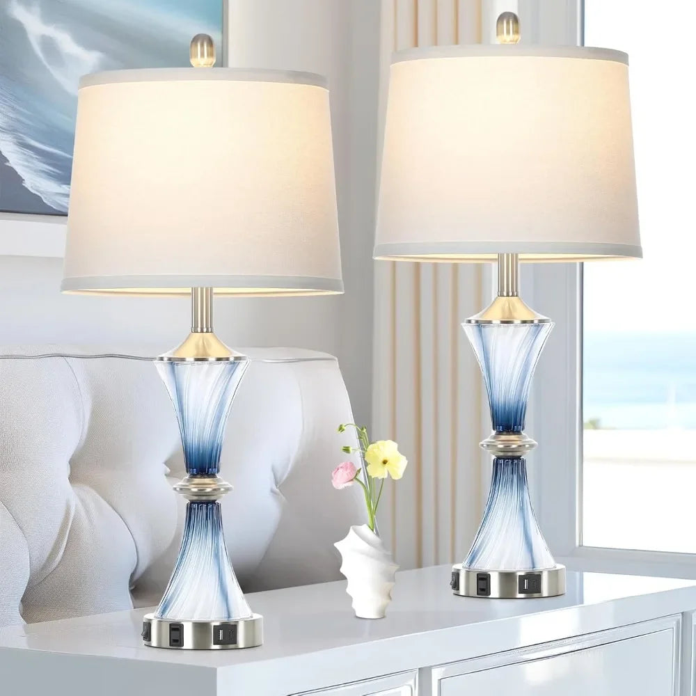 Customizable Blue Glass Table Lamp Set Of 2 With USB C And A Ports And AC Outlet - Happy Home Retreat