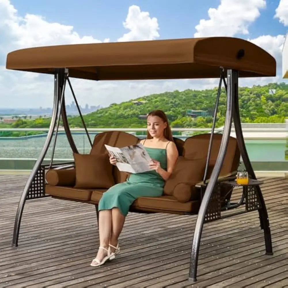 3 in 1 Outdoor Porch Swing with Adjustable Canopy and Thick Cushions for 3 Seats with Pillows and Cup Holders for Backyard and Garden - Happy Home Retreat