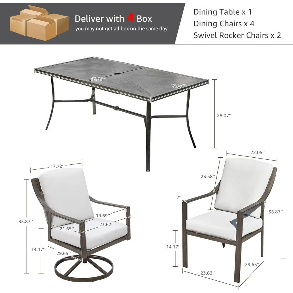7 Piece Patio Dining Table Set with 4 Fixed and 2 Swivel Chairs and Olefin Cushions for Outdoor Furniture - Happy Home Retreat