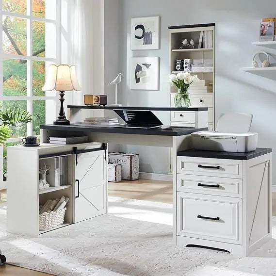Home Office Desk Modern Farmhouse Computer Desk with File Cabinet 67 Inch Off White - Happy Home Retreat