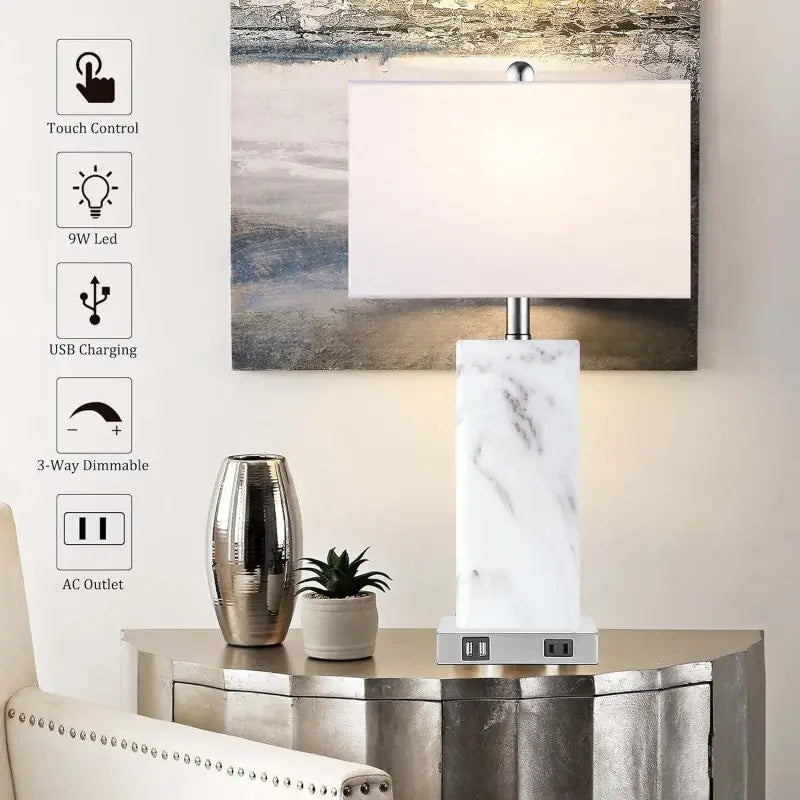 Touch Control Table Lamps Set Of 2 Modern Ceramic Bedside Lamps With 2 USB Ports - Happy Home Retreat