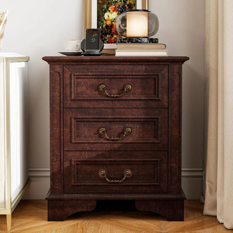 Dark Brown Wooden Bedside Table With Charging Station And 3 Drawers - Happy Home Retreat