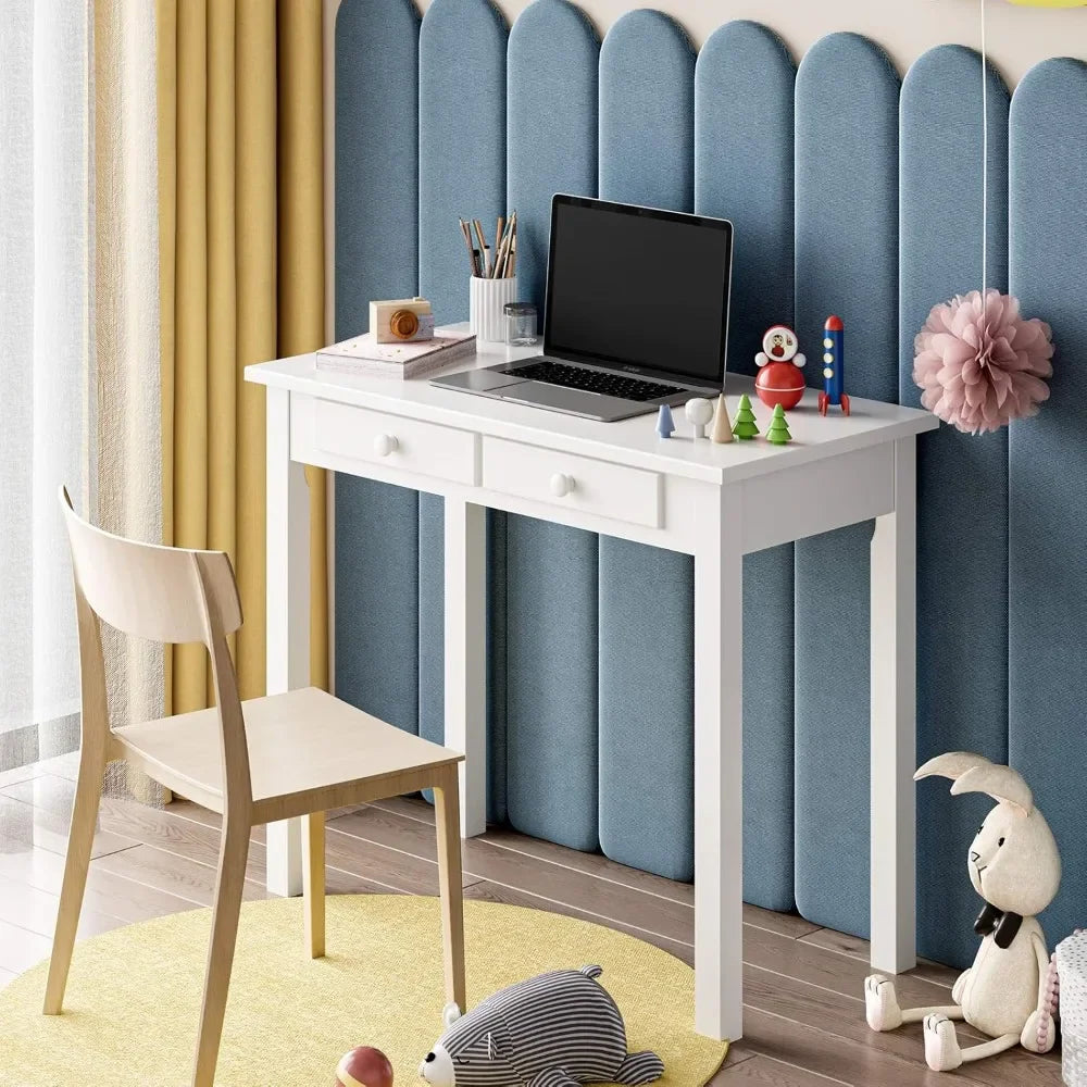 Small White Writing Desk with Hutch and USB Ports 31.5 Inch Home Office Desk with Drawers Study Table for Kids and Students - Happy Home Retreat