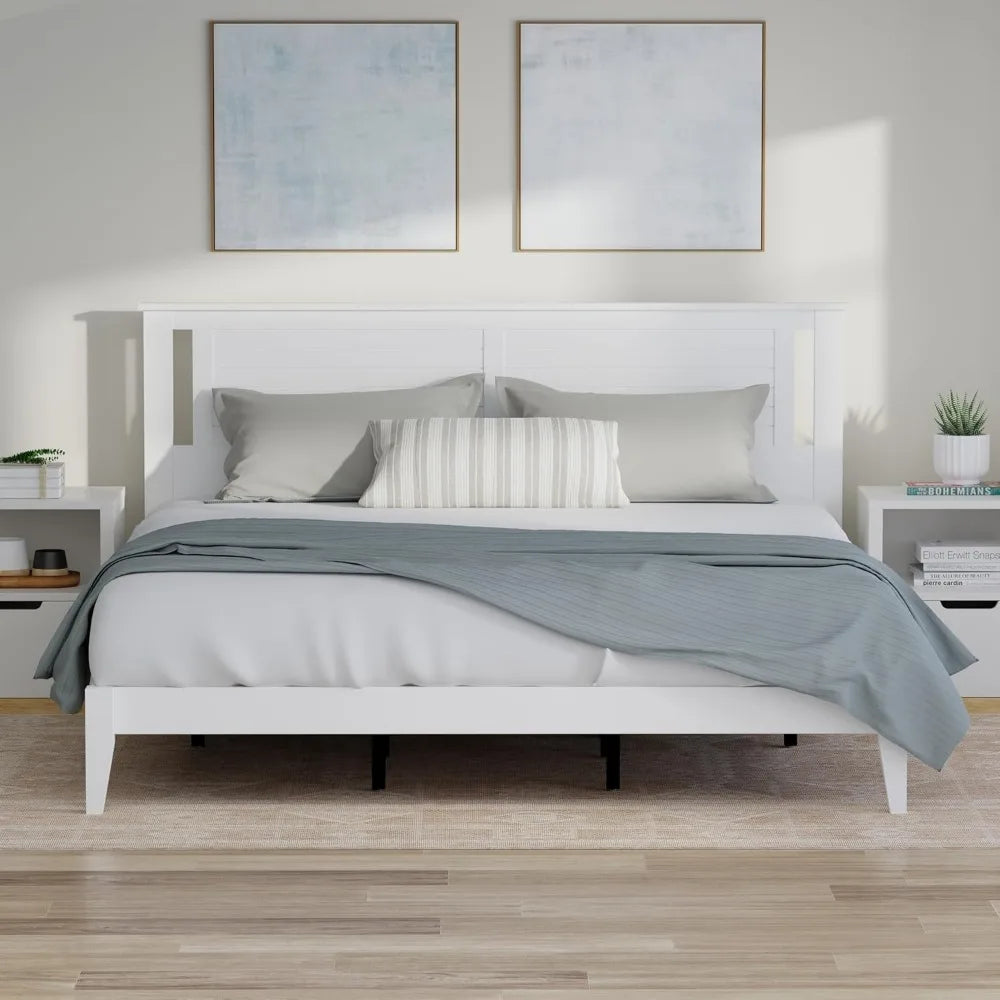 Serene Farmhouse Style King Size Wood Bed Frame with Horizontal Scoring Headboard Coastal Modern Design Sturdy Easy Assembly - Happy Home Retreat