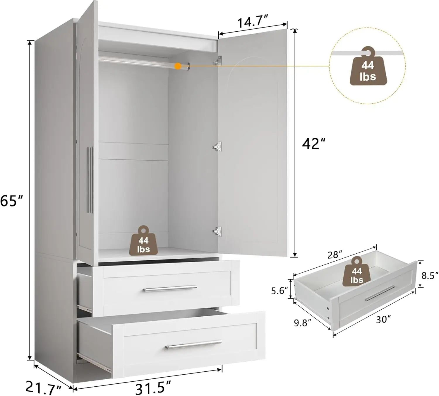 Armoire Wardrobe Closet with2Drawers Modern Wooden Bedroom Armoire with Doors Clothing Storage Cabinet with Aluminum Hanging Rod - Happy Home Retreat