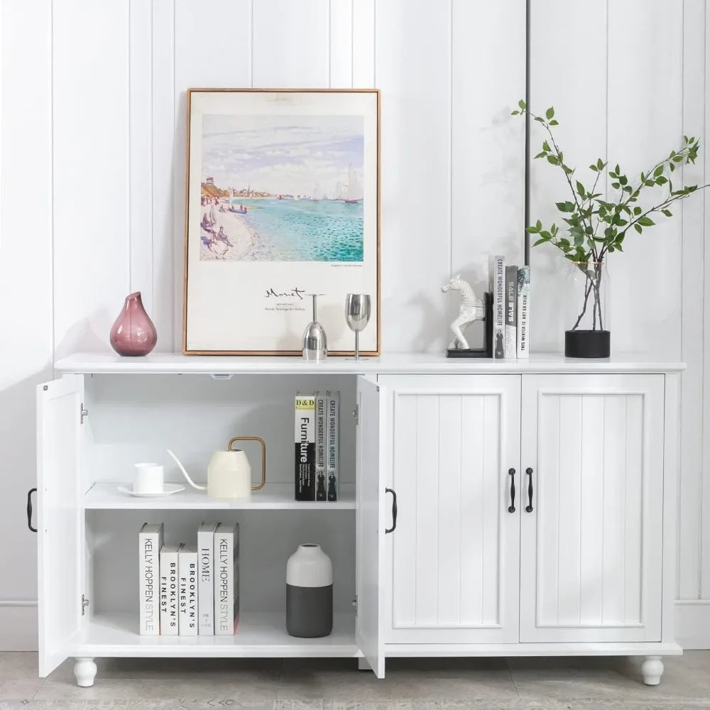 62 Inch Coffee Bar Cabinet Kitchen Buffet Storage Cabinet Modern White Sideboard with 4 Doors and 2 Drawers - Happy Home Retreat
