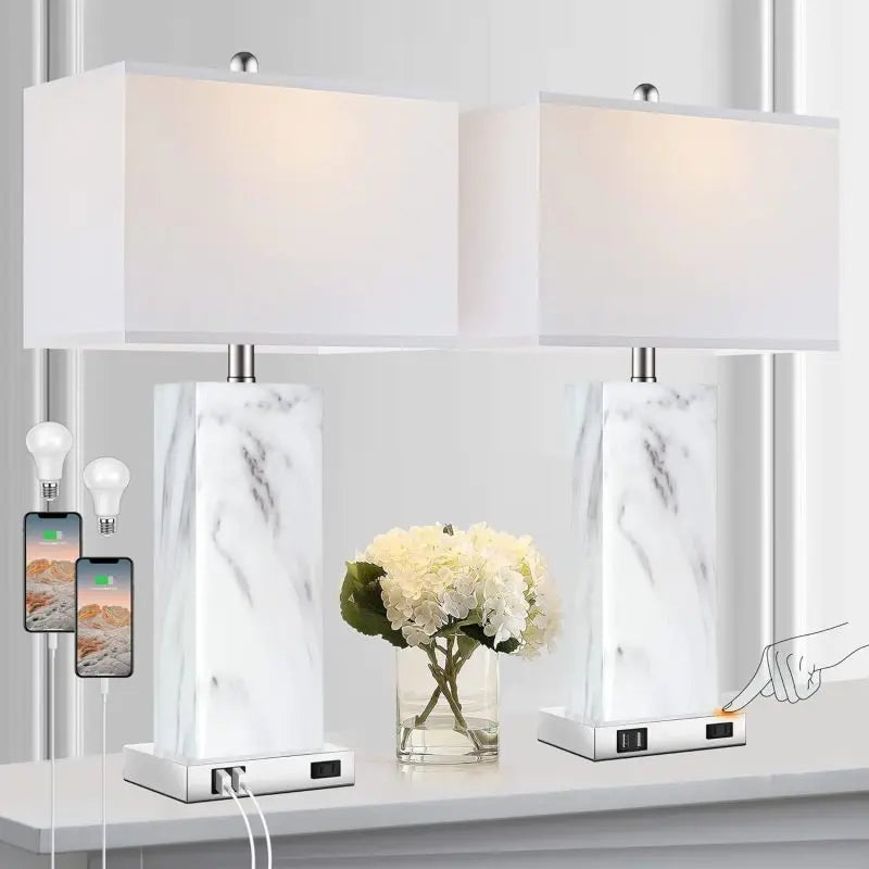 Touch Control Table Lamps Set Of 2 Modern Ceramic Bedside Lamps With 2 USB Ports - Happy Home Retreat