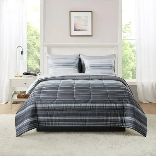 Grey Ombre Stripe Comforter Set Bed in a Bag Reversible Polyester King Twin Full Queen Soft Cozy Matching Pillow Shams Sheet - Happy Home Retreat