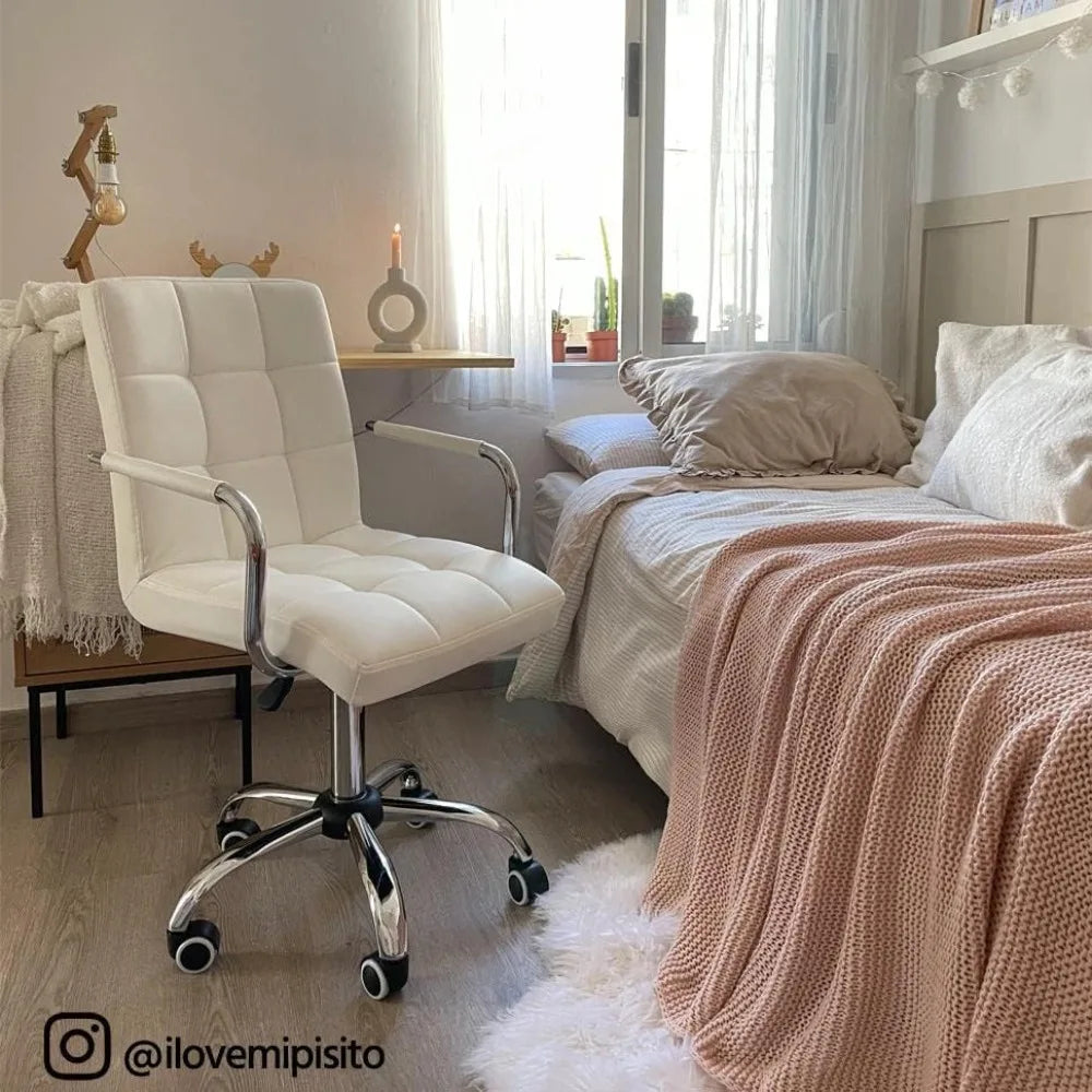 White Desk Chair with Wheels and Armrests Modern PU Leather Midback Adjustable Office Chair - Happy Home Retreat