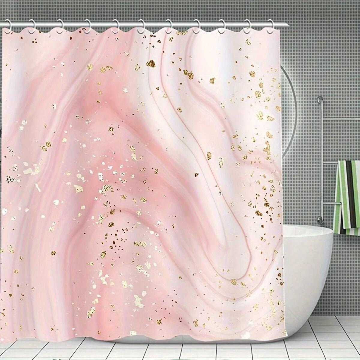 Pink Marble Gilding Shower Curtain Water Resistant Polyester With Plastic Hooks - Happy Home Retreat