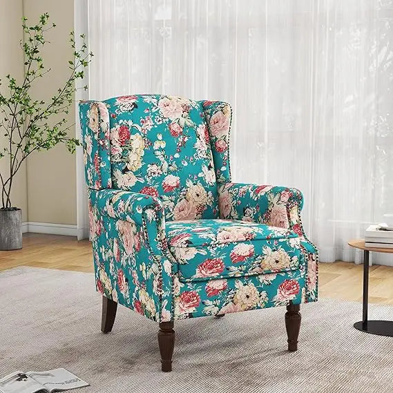 Floral Boho Wingback Blue Accent Chair With Nailhead Trim - Happy Home Retreat