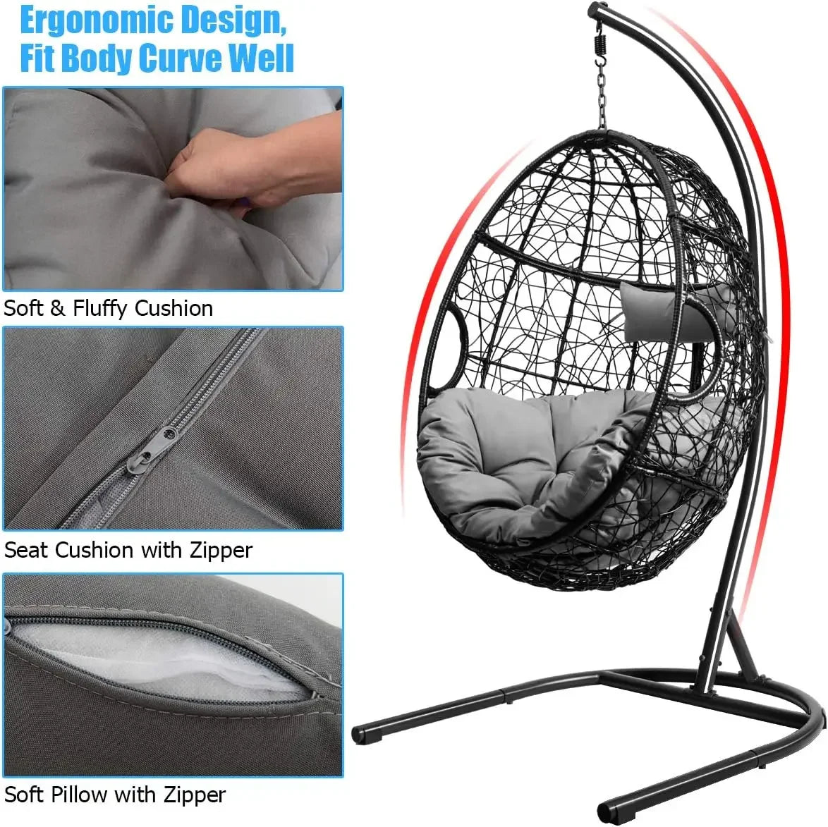 Hanging Egg Chair 36.5 Width Oversized Swing Chair with C Hammock Stand Set Soft Seat Cushion and Pillow Gray - Happy Home Retreat