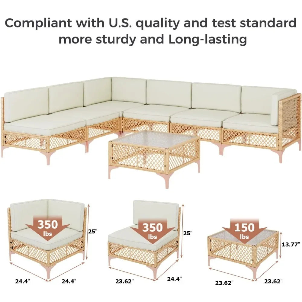 7 Piece Outdoor Patio Furniture Set Wicker Sectional Couch with Glass Table and Cushions - Happy Home Retreat