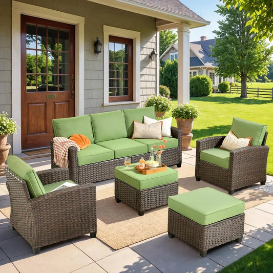 Patio Furniture Set 5 Pieces Outdoor Wicker Rattan Sofa with Chairs All Weather High Back Conversation Set - Happy Home Retreat