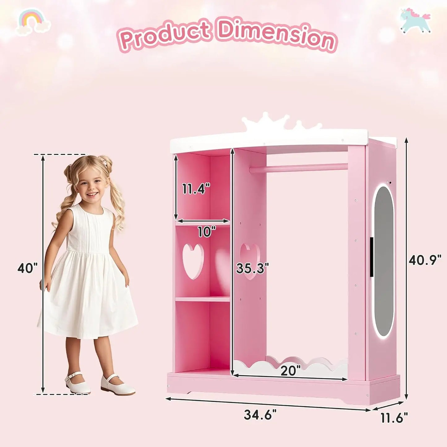 Kids Armoire With Jewelry Cabinet And Mirror Dress Up Wardrobe Pink - Happy Home Retreat