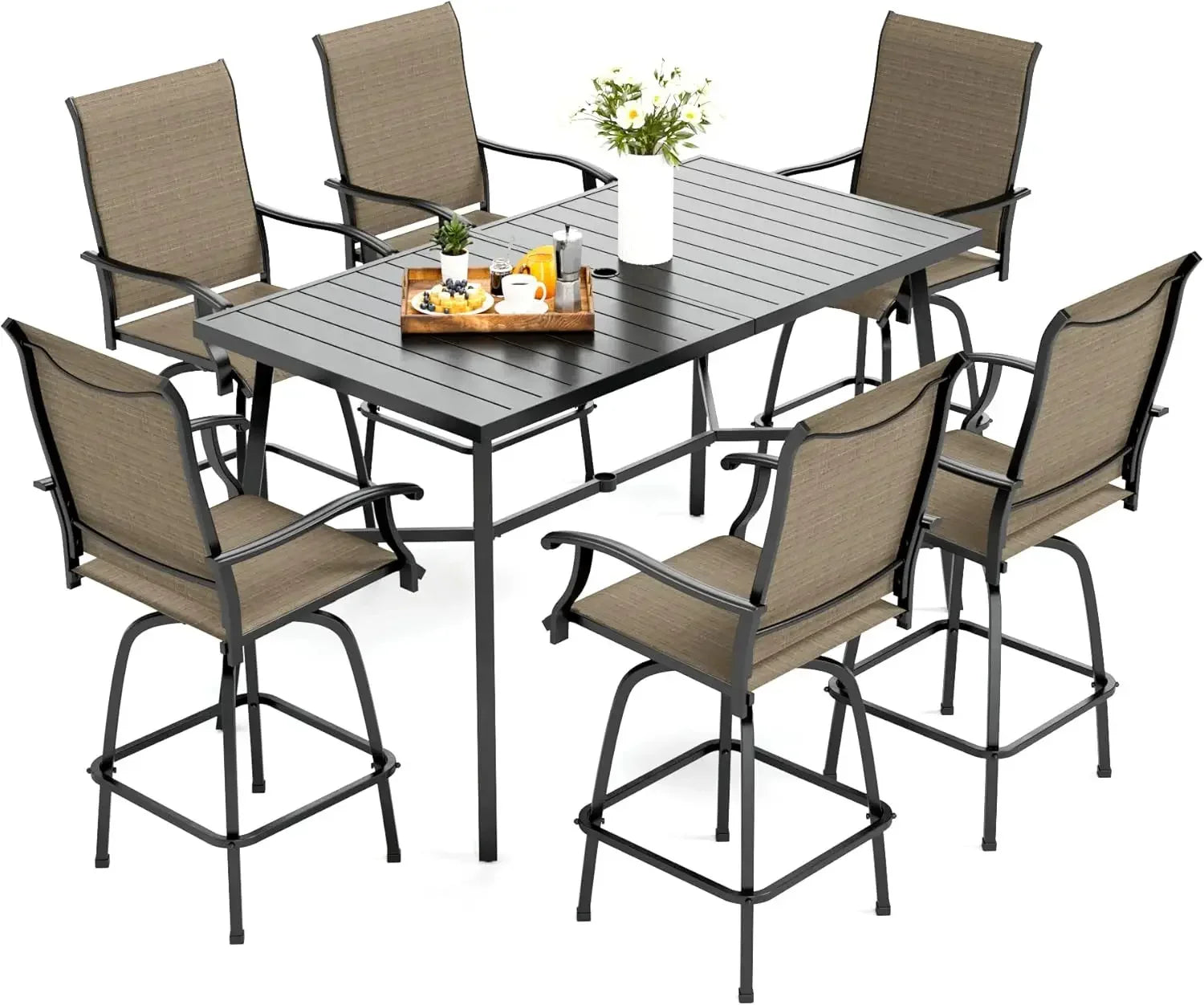 Patio Bar Set of 7 with Heavy Duty Metal Slat Bar Table and Sling Outdoor Bar Height Stools - Happy Home Retreat