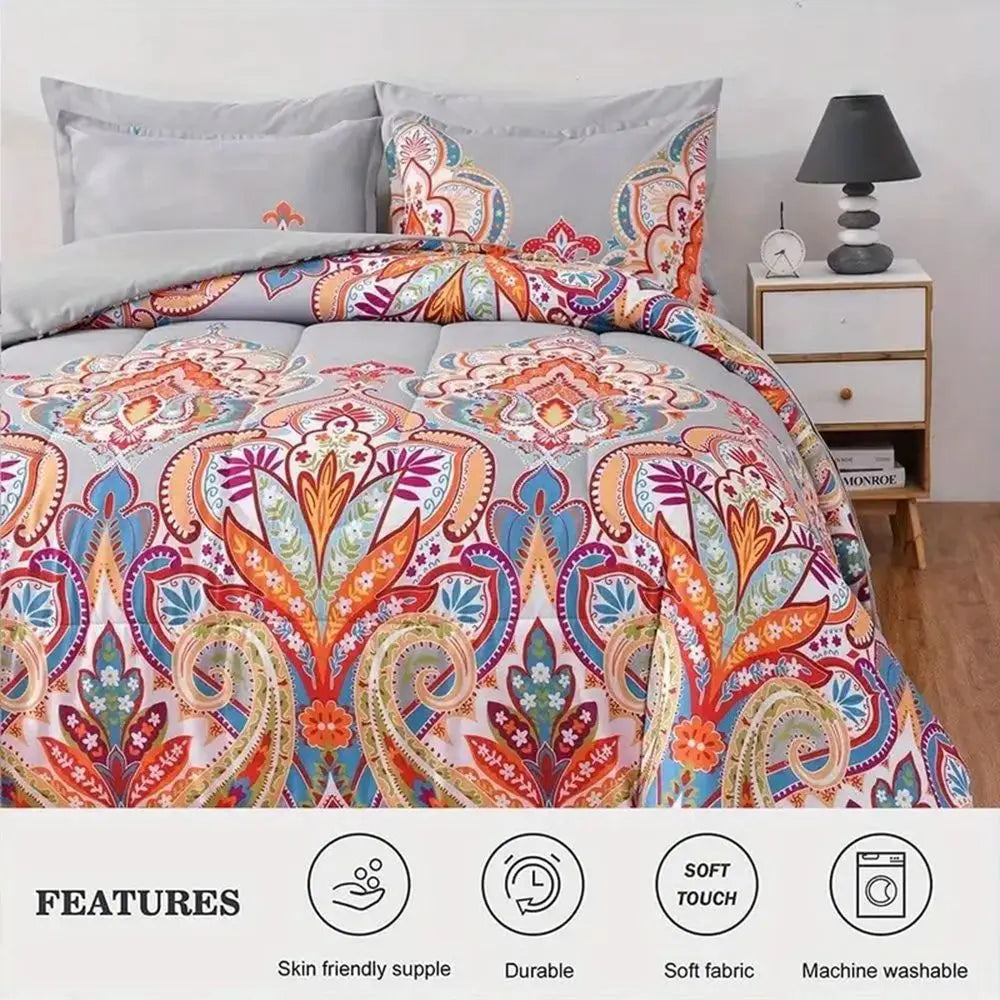 3 Piece King Boho Comforter Set Gray Rainbow Lightweight Microfiber Reversible - Happy Home Retreat
