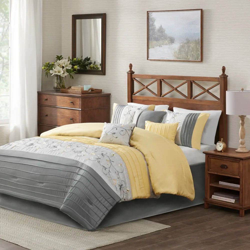 Embroidered 7 Piece Comforter Set Yellow Queen - Happy Home Retreat