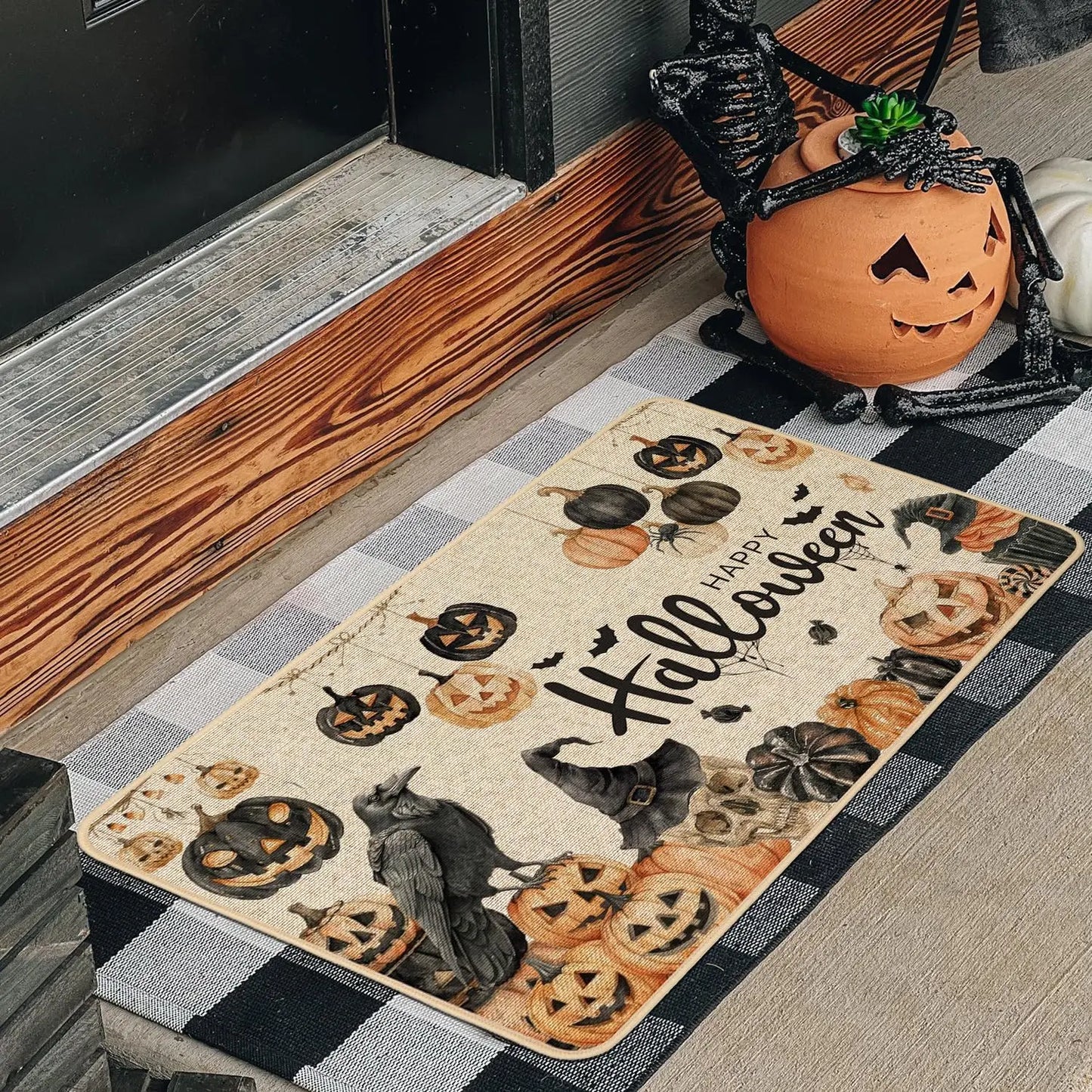 Happy Halloween Doormat Skull Pumpkins Non Slip Backing - Happy Home Retreat