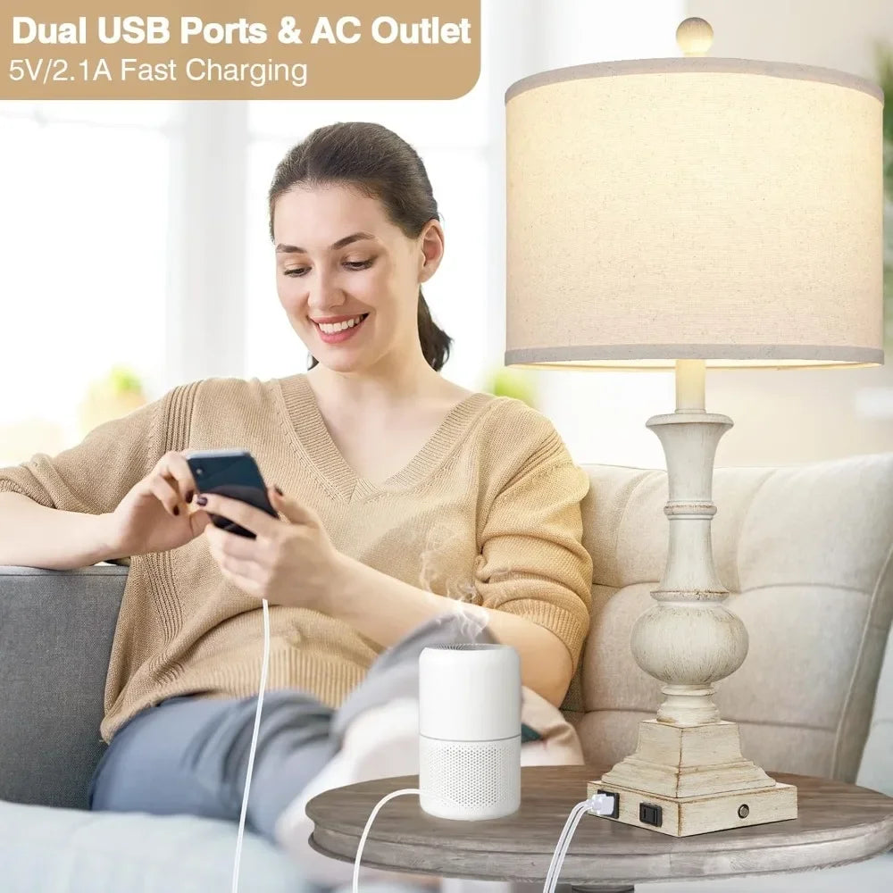 Customizable Farmhouse Table Lamps Set Of 2 Touch Control USB Ports AC Outlet - Happy Home Retreat