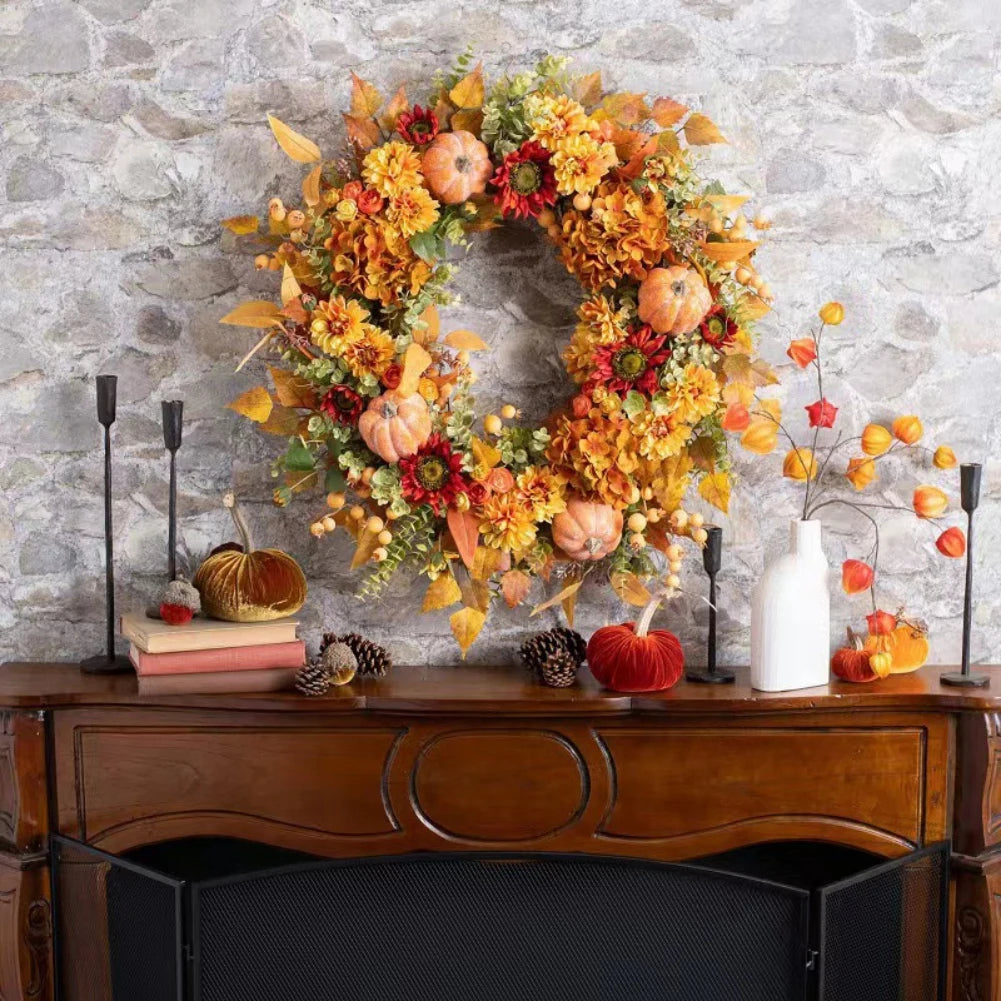 Fall Pumpkin Berry Maple Leaf Wreath 45cm Front Door Decor - Happy Home Retreat