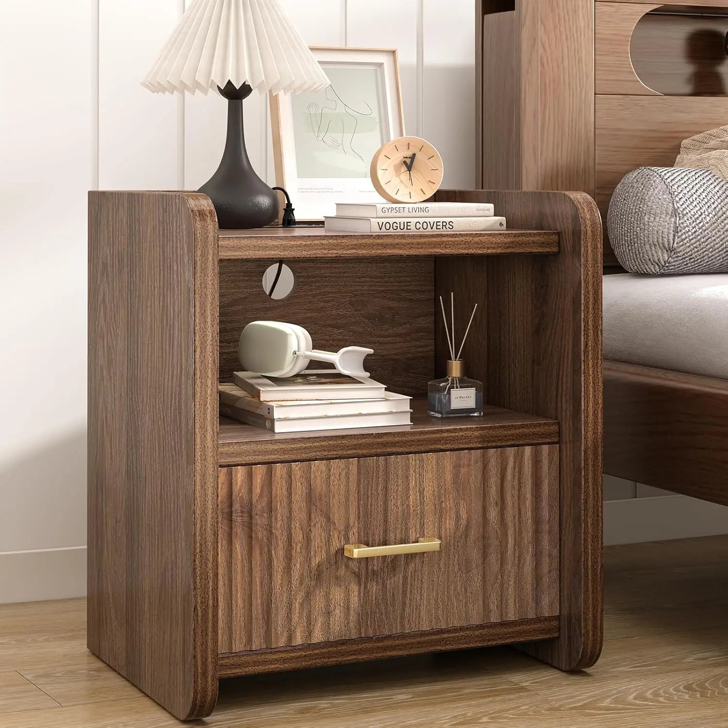 Night Stand With Charger Station Fluted Wood Drawer Storage Modern Bedside Table - Happy Home Retreat