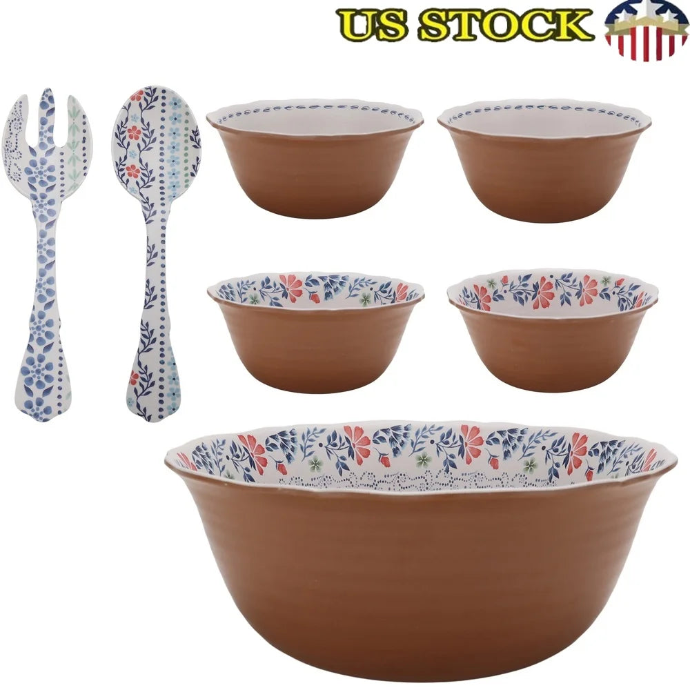 7 Piece Bamboo Melamine Salad Bowl Set Dishwasher Safe - Happy Home Retreat