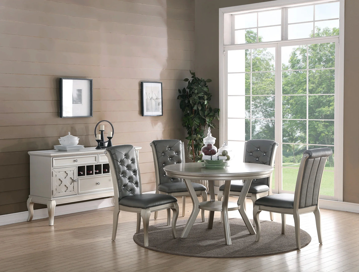 Round Silver Dining Table Set 5 Piece With Shelf And Tufted Back Chairs - Happy Home Retreat