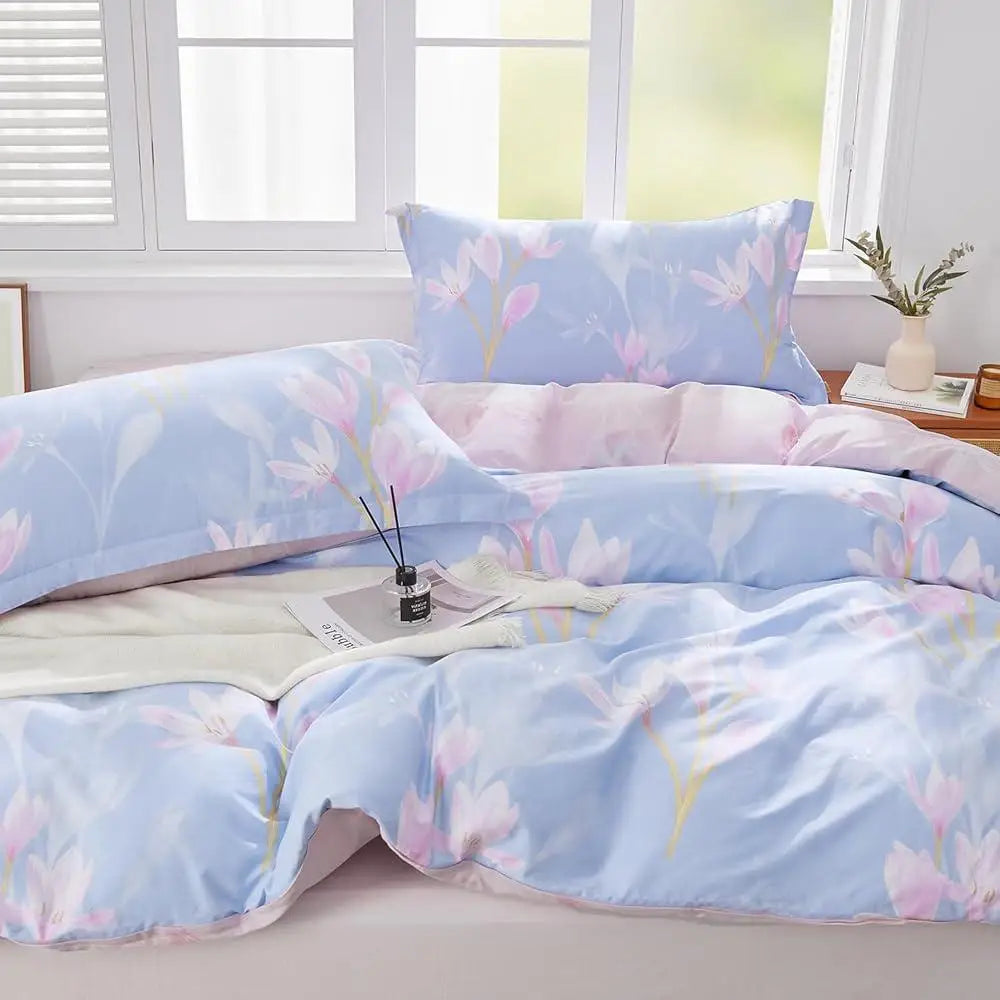 Floral Cotton Duvet Cover Set Full Size 3pcs Magnolia Blossom Printed Comforter Cover Soft Durable Machine Washable Bedding - Happy Home Retreat