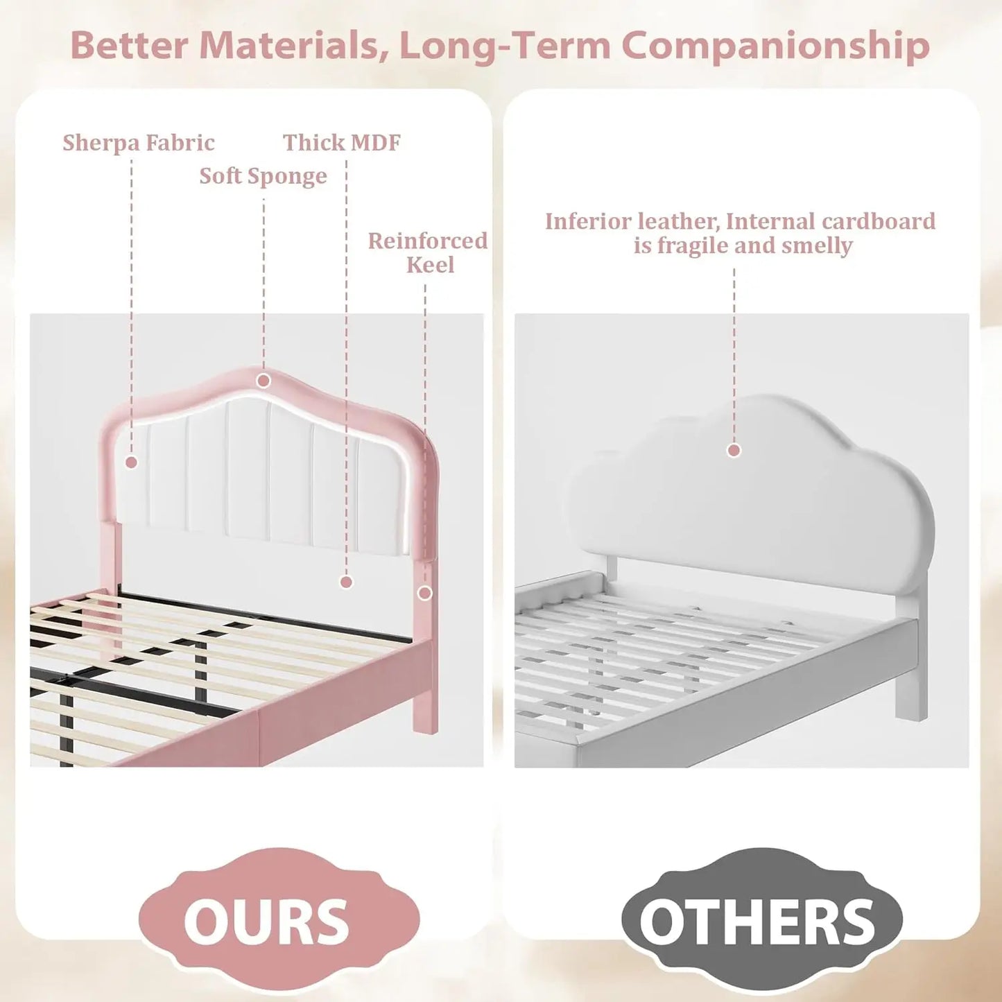 Kids Upholstered Platform Bed Frame With LED Crown Headboard Velvet Fabric - Happy Home Retreat
