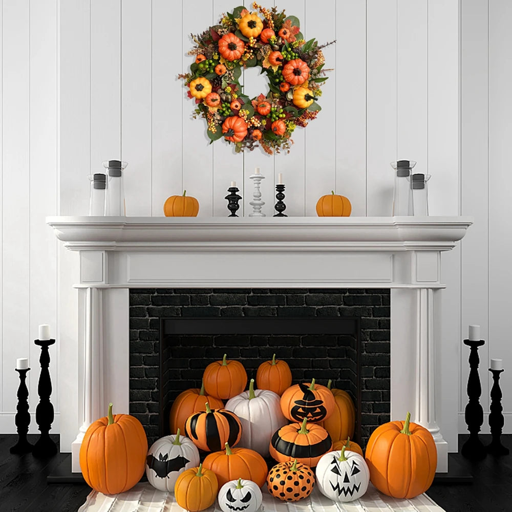 Fall Pumpkin Berry Maple Leaf Wreath 45cm Front Door Decor - Happy Home Retreat