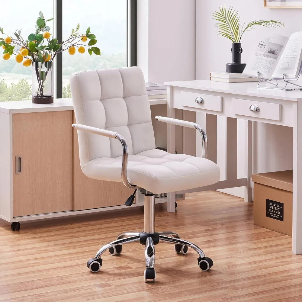 White Desk Chair with Wheels and Armrests Modern PU Leather Midback Adjustable Office Chair - Happy Home Retreat