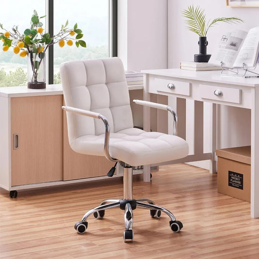 White Desk Chair with Wheels and Armrests Modern PU Leather Midback Adjustable Office Chair - Happy Home Retreat