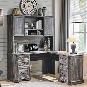 59 Inch L Shaped Executive Desk with Hutch Farmhouse Wood Computer Desk Featuring Charging Station File Drawer Storage Cabinet - Happy Home Retreat