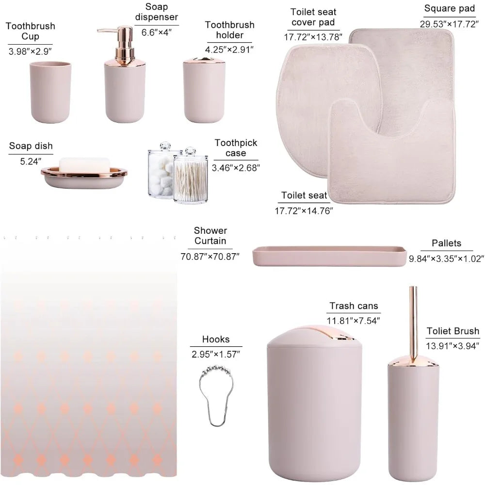 Beige Bathroom Set with Shower Curtain and Rugs 25 Pieces Complete - Trash Can, Soap Dispenser, Soap Dish, Toilet Brush, Toothbr - Happy Home Retreat