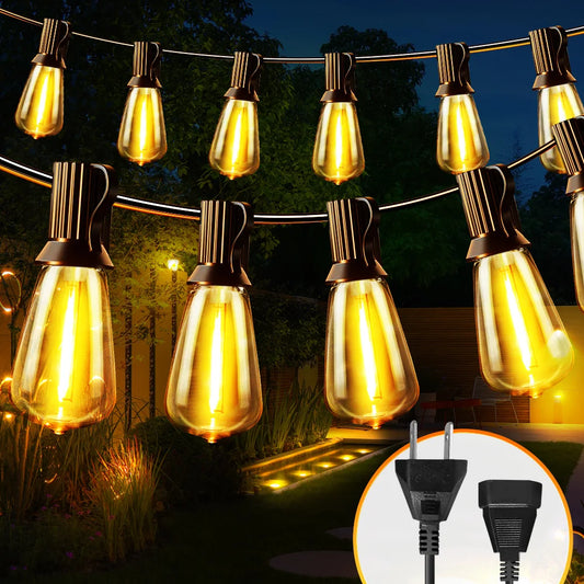ST38 LED Outdoor Patio String Lights With US Plug Shatterproof Bulb Waterproof Hanging Lamp Connectable for Porch Backyard - Happy Home Retreat