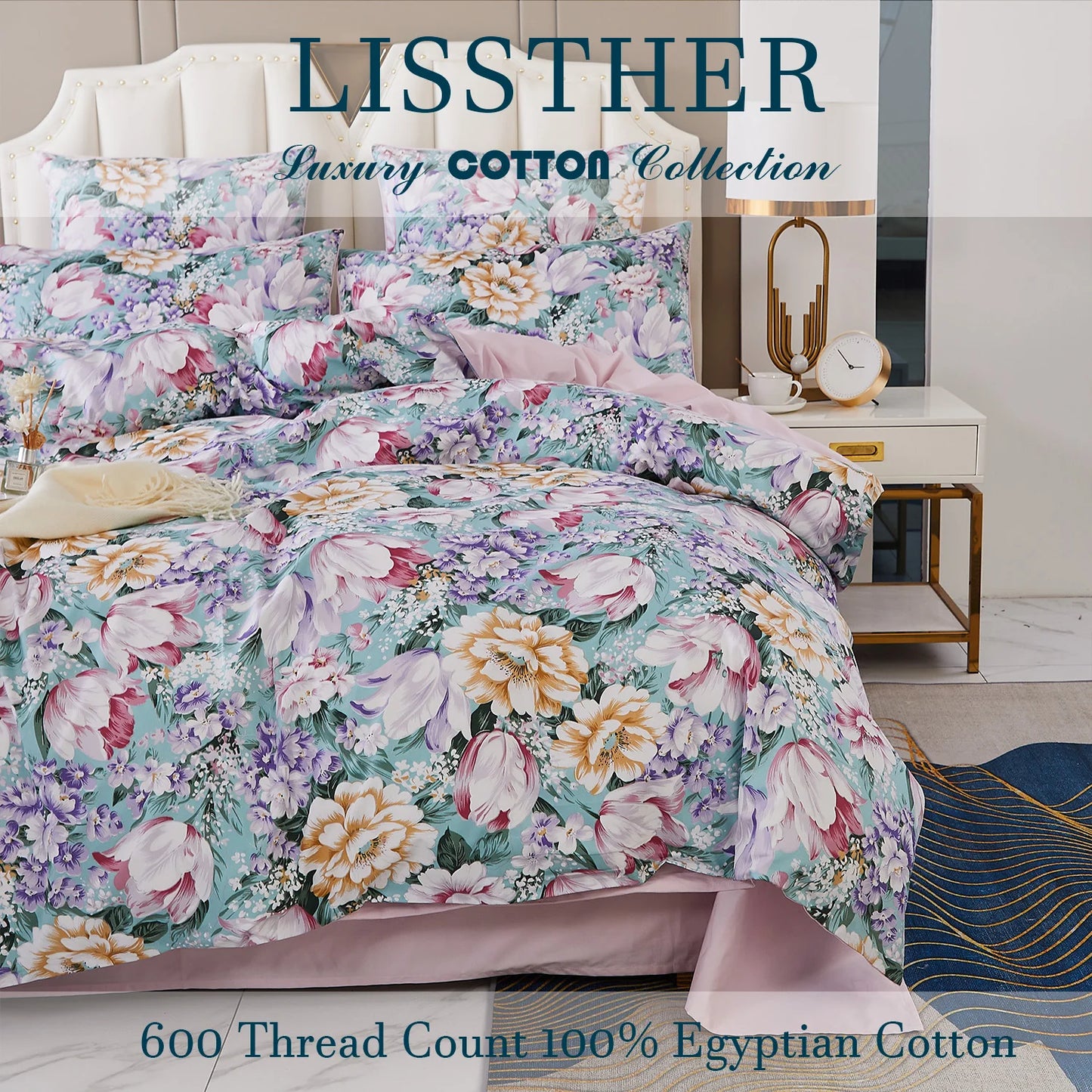 3pcs 600TC 100% Egyptian Cotton Duvet Cover Set, Pastel Pink Blue Garden Floral, Soft Skin-Friendly (No Inserts) - Happy Home Retreat