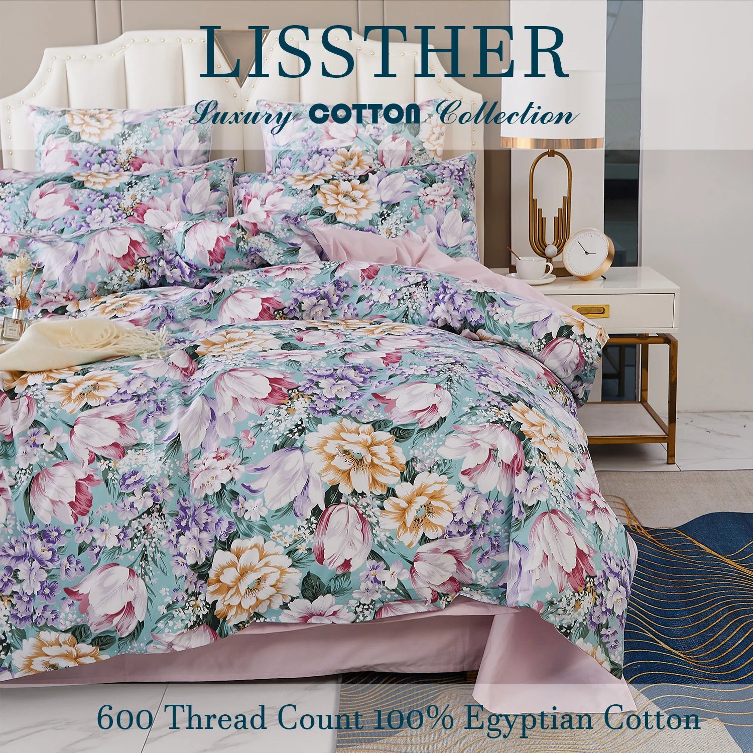 3pcs 600TC 100% Egyptian Cotton Duvet Cover Set, Pastel Pink Blue Garden Floral, Soft Skin-Friendly (No Inserts) - Happy Home Retreat