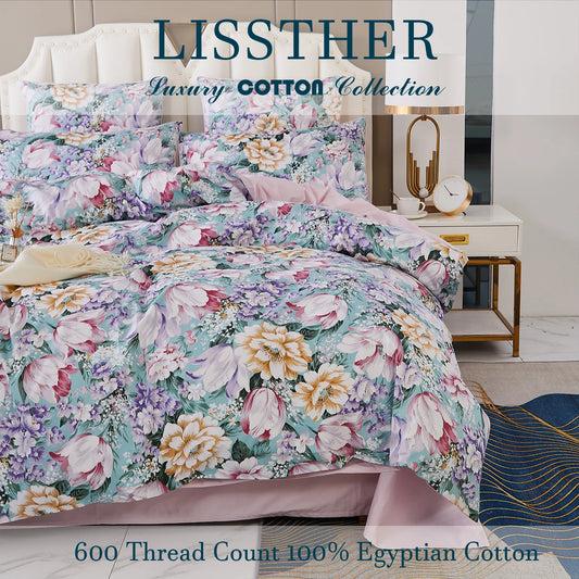 3pcs 600TC 100% Egyptian Cotton Duvet Cover Set, Pastel Pink Blue Garden Floral, Soft Skin-Friendly (No Inserts) - Happy Home Retreat